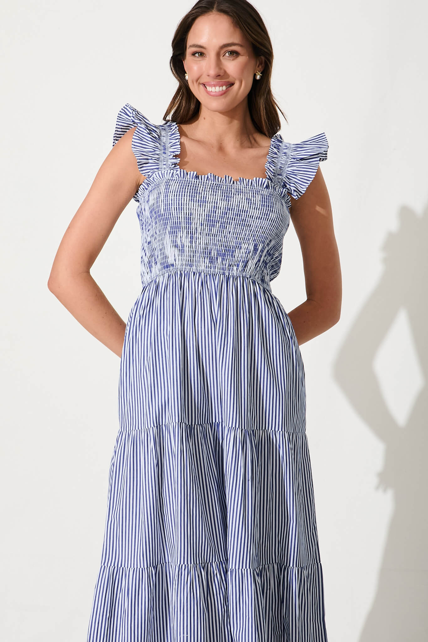 Stassi Midi Dress In Blue And White Stripe Cotton