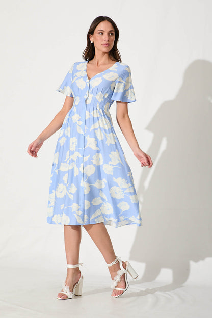 Yvette Midi Dress In Blue With White Floral