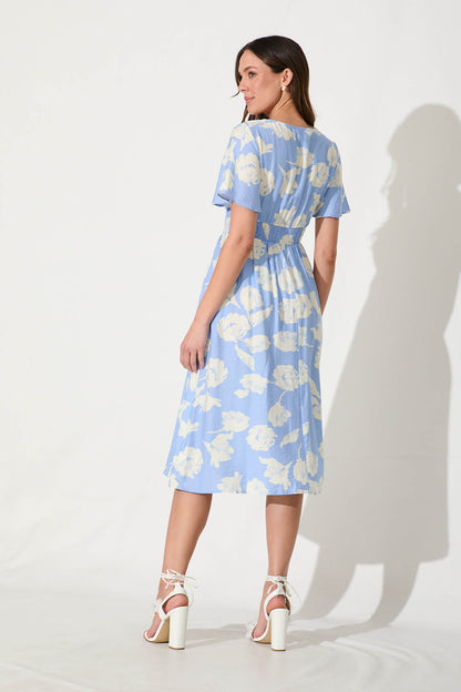 Yvette Midi Dress In Blue With White Floral