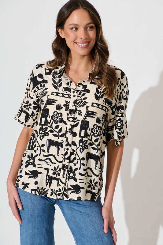 Alexcina Shirt in Cream with Black Print