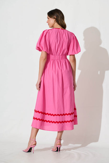 Indi Maxi Dress In Pink With Red Ric Rac Trim Cotton