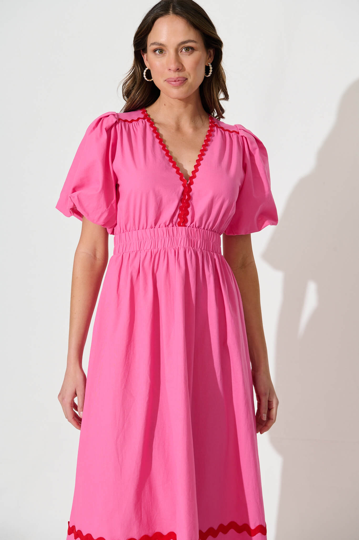 Indi Maxi Dress In Pink With Red Ric Rac Trim Cotton