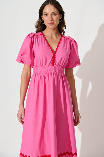 Indi Maxi Dress In Pink With Red Ric Rac Trim Cotton
