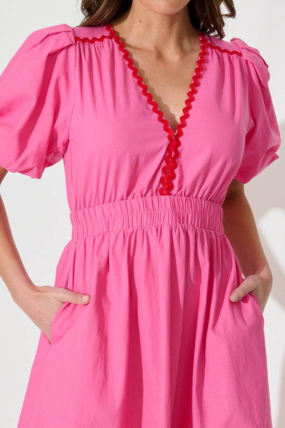 Indi Maxi Dress In Pink With Red Ric Rac Trim Cotton