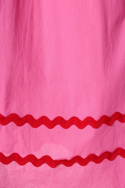 Indi Maxi Dress In Pink With Red Ric Rac Trim Cotton