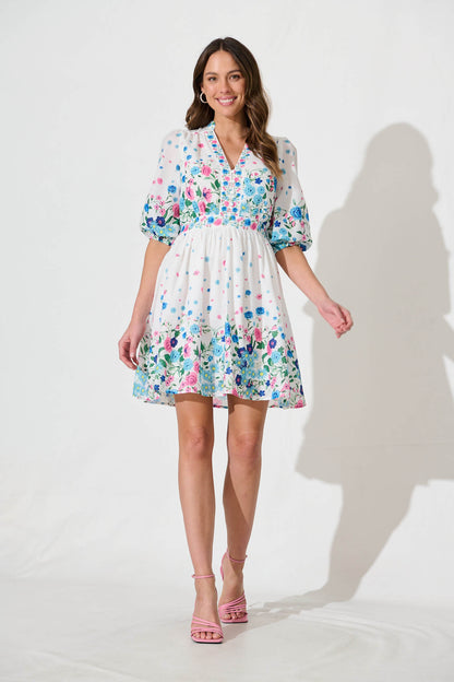 Sausalito Dress In White With Pink And Blue Floral