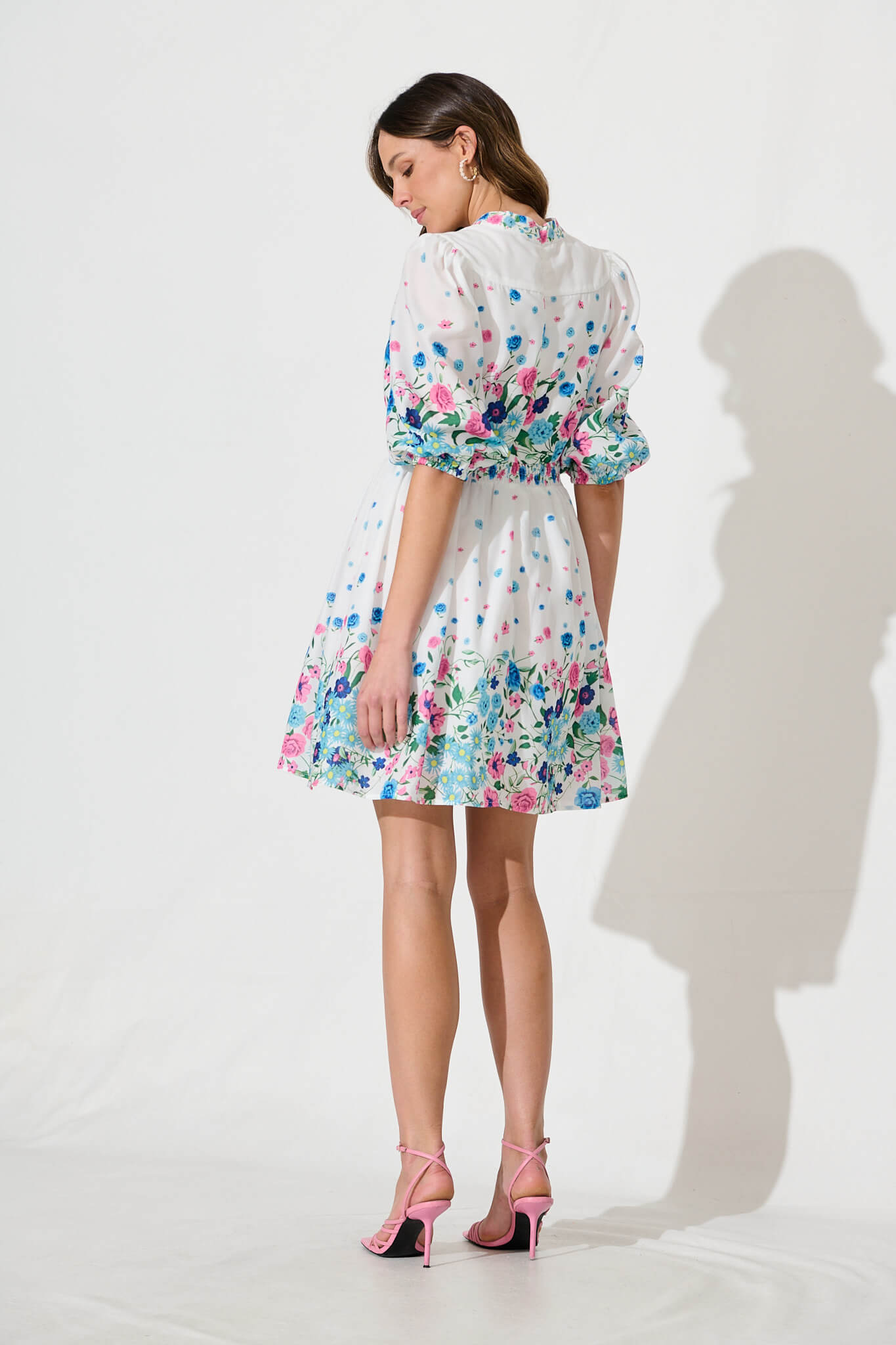 Sausalito Dress In White With Pink And Blue Floral