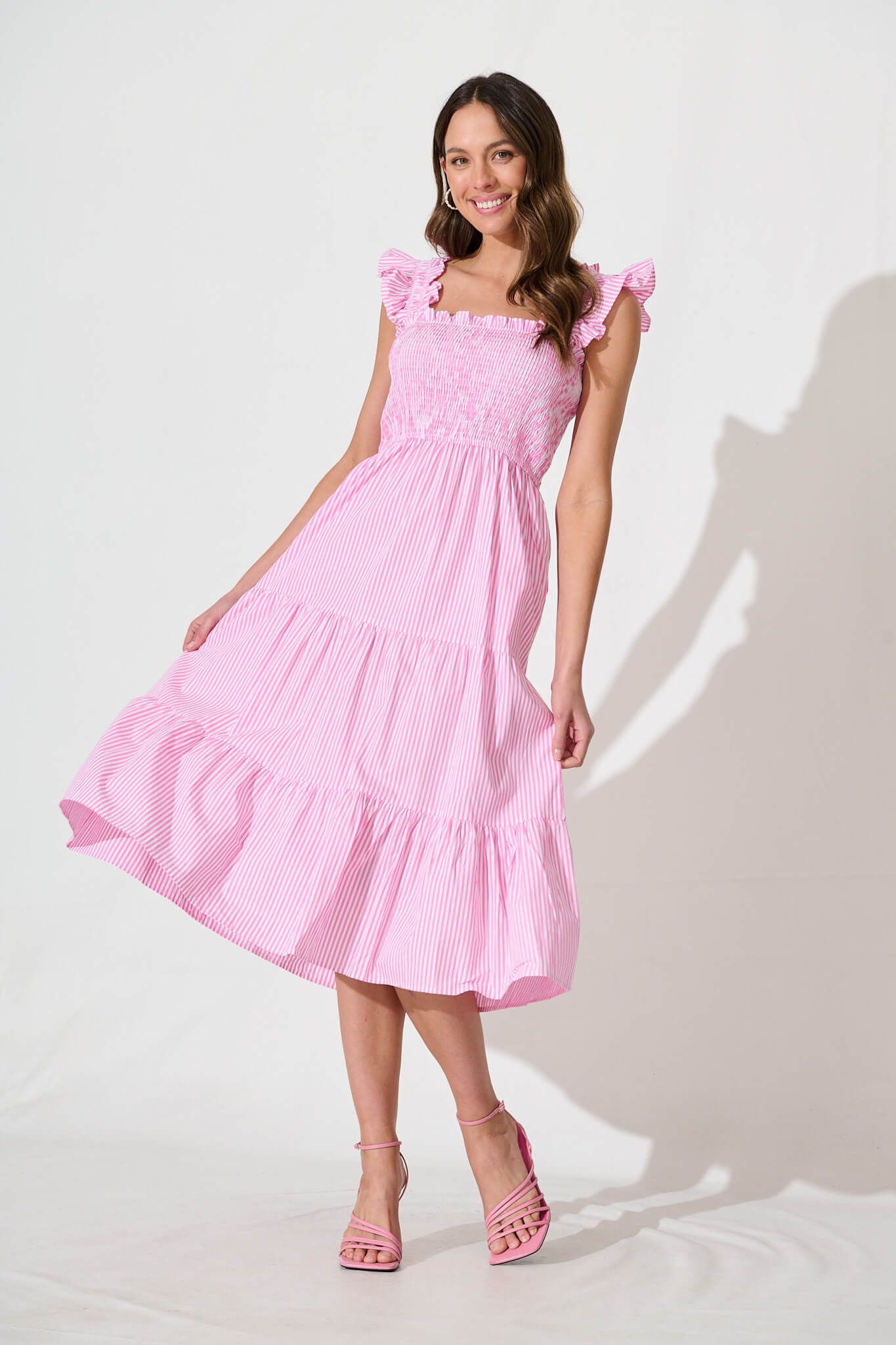 Stassi Midi Dress In Pink And White Stripe Cotton