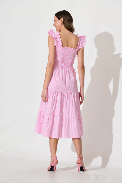 Stassi Midi Dress In Pink And White Stripe Cotton