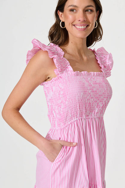 Stassi Midi Dress In Pink And White Stripe Cotton