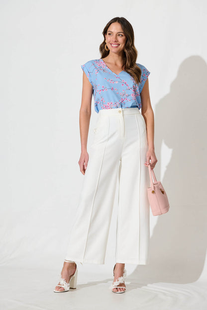 Jina Top In Pale Blue With Pink Cherry Blossom