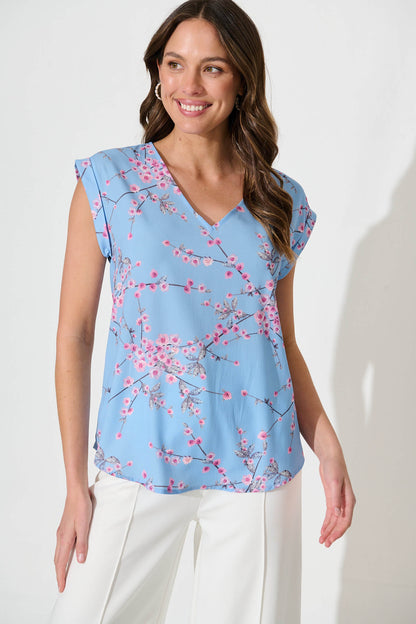Jina Top In Pale Blue With Pink Cherry Blossom