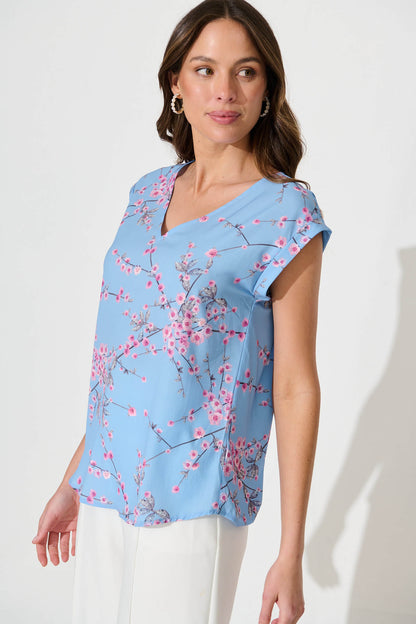 Jina Top In Pale Blue With Pink Cherry Blossom