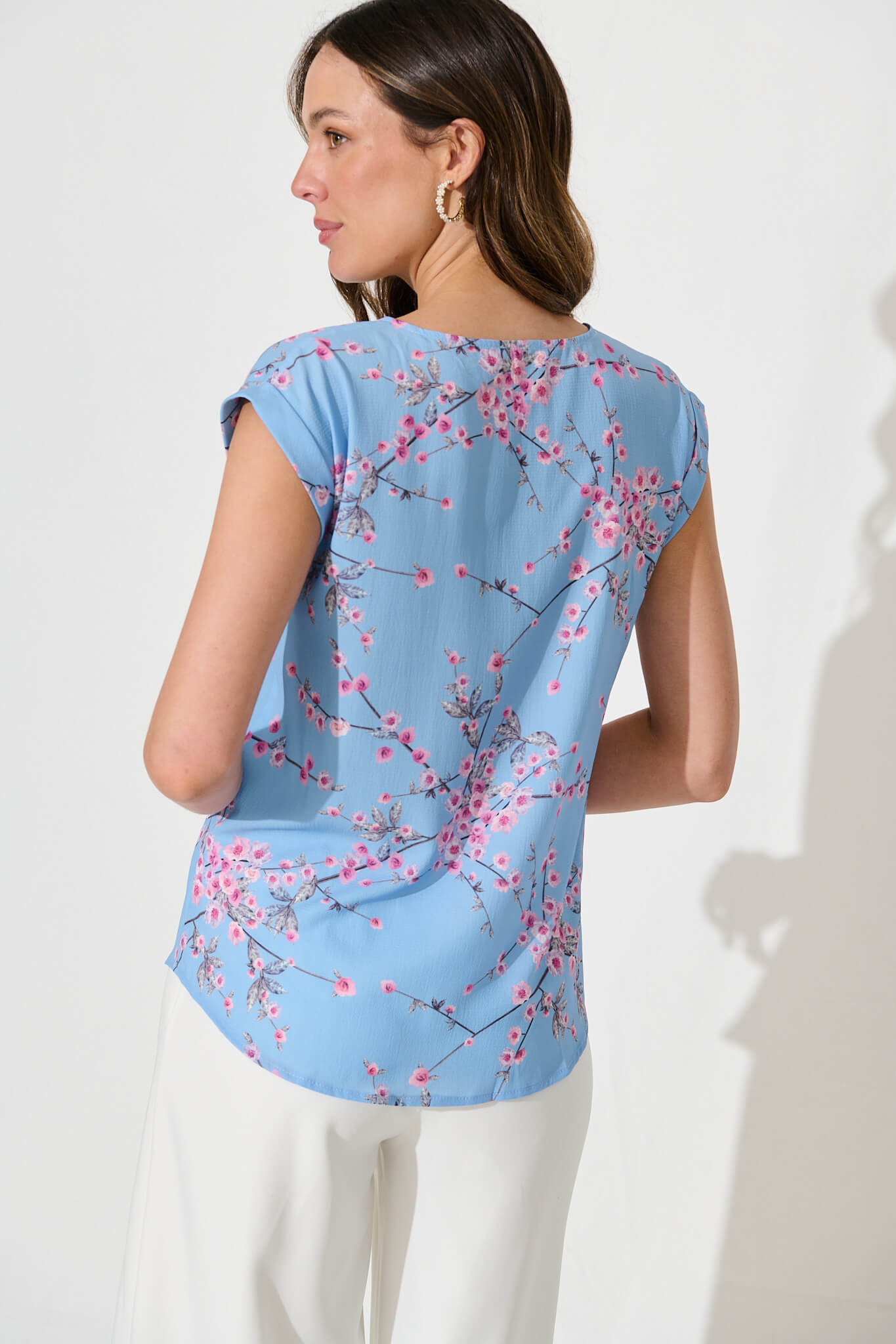 Jina Top In Pale Blue With Pink Cherry Blossom