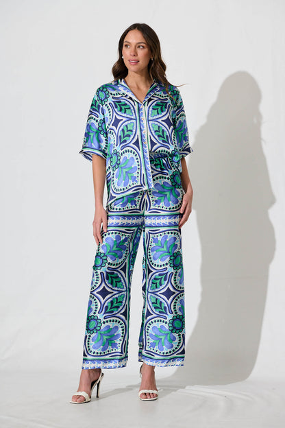 Montclair Pant In Blue And Green Tile Print