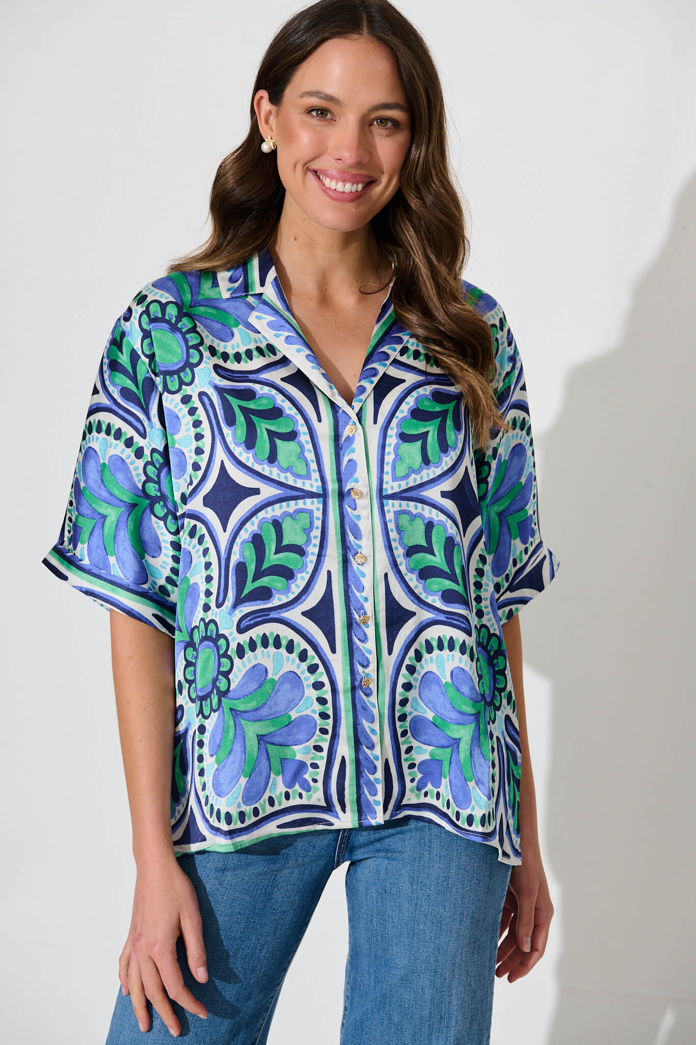 Prescott Shirt In Blue And Green Tile Print