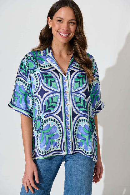 Prescott Shirt In Blue And Green Tile Print