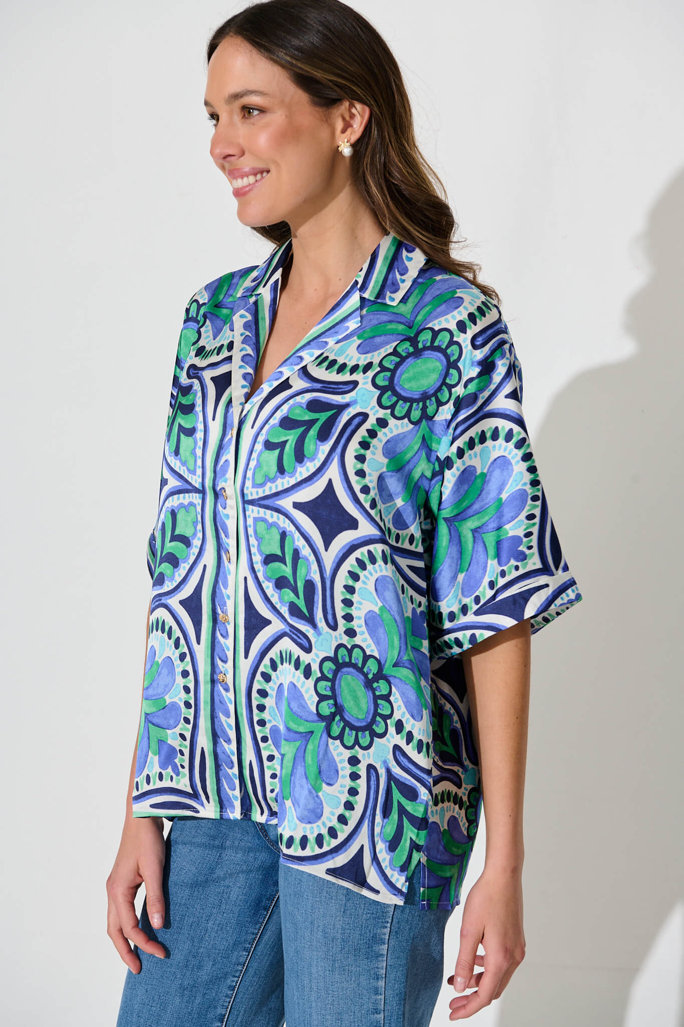 Prescott Shirt In Blue And Green Tile Print