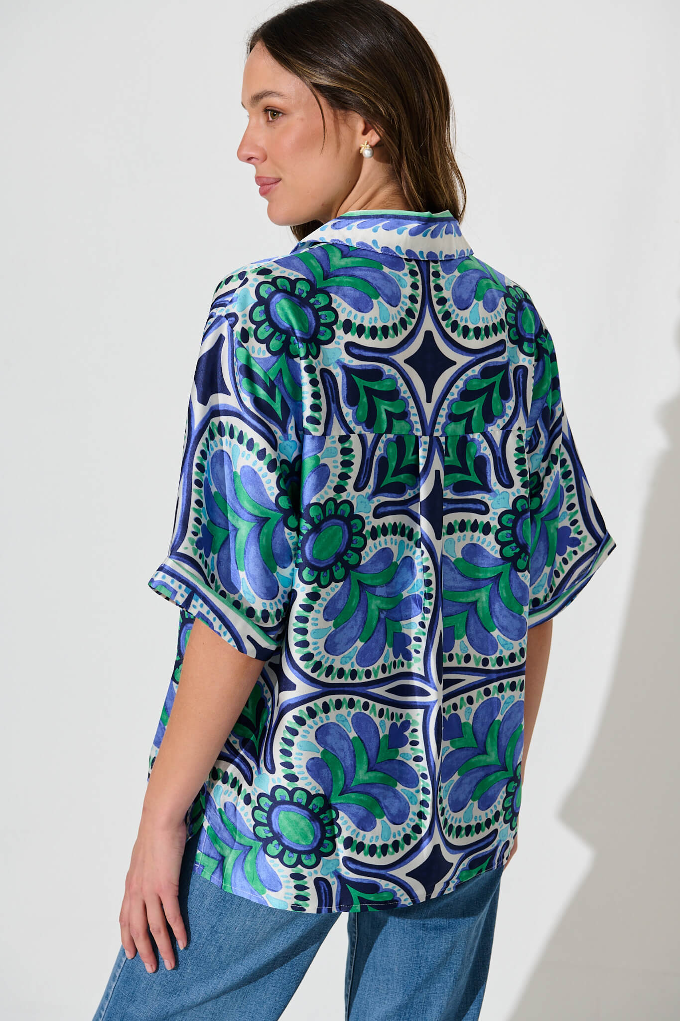 Prescott Shirt In Blue And Green Tile Print