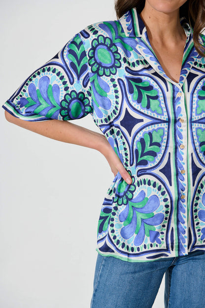 Prescott Shirt In Blue And Green Tile Print