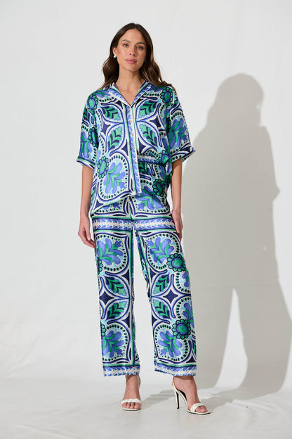 Prescott Shirt In Blue And Green Tile Print