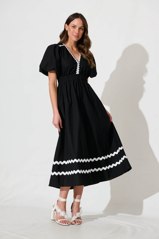 Indi Maxi Dress In Black With White Ric Rac Trim Cotton