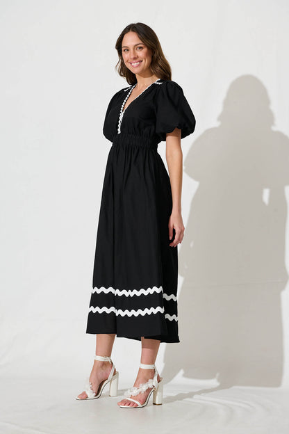 Indi Maxi Dress In Black With White Ric Rac Trim Cotton