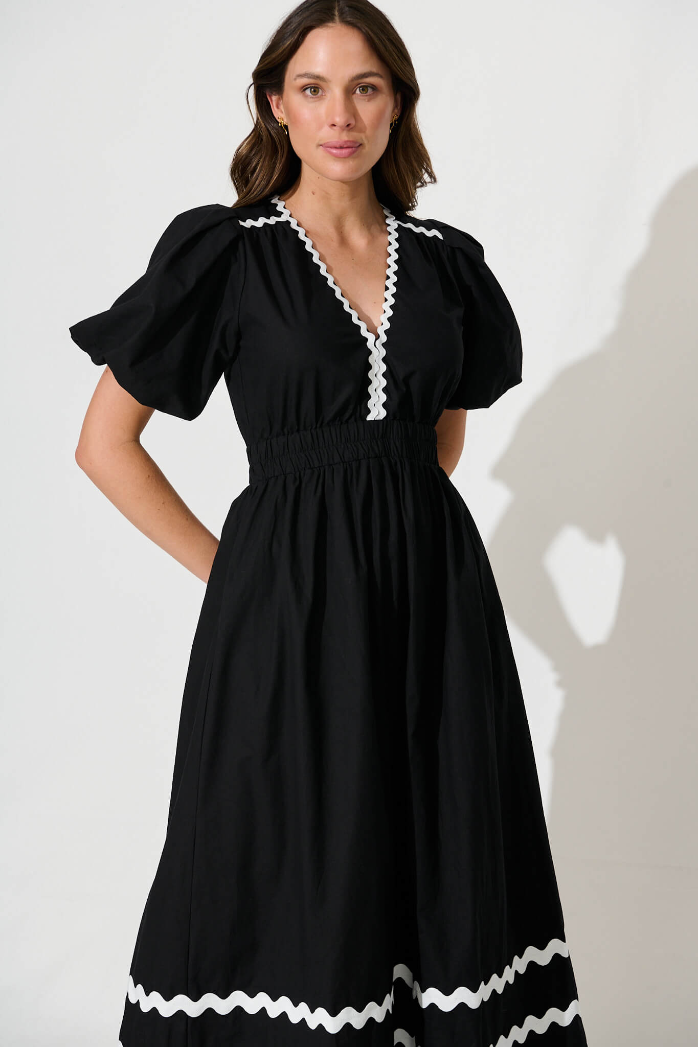 Indi Maxi Dress In Black With White Ric Rac Trim Cotton