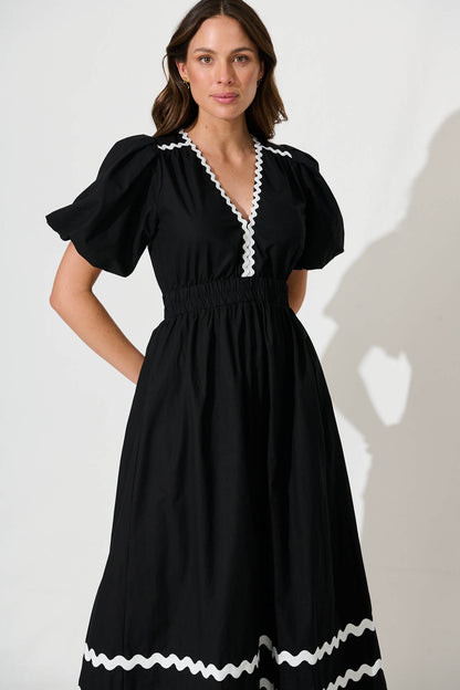 Indi Maxi Dress In Black With White Ric Rac Trim Cotton