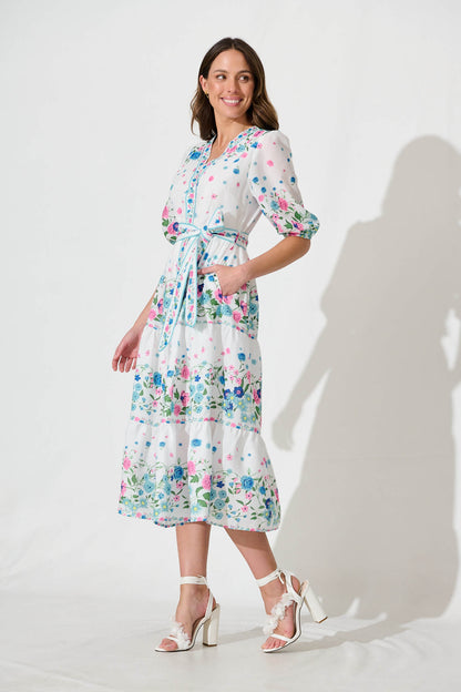 Pambula Maxi Dress In White With Pink And Blue Floral