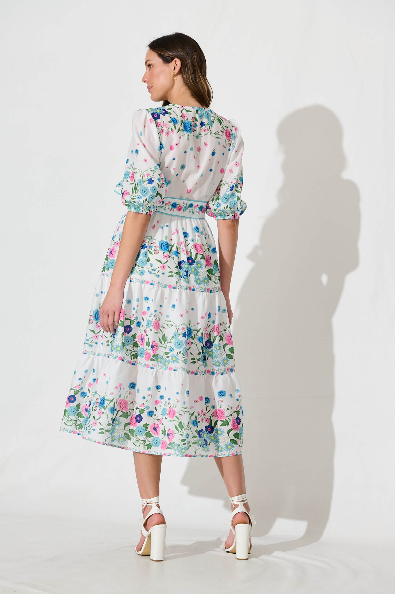 Pambula Maxi Dress In White With Pink And Blue Floral