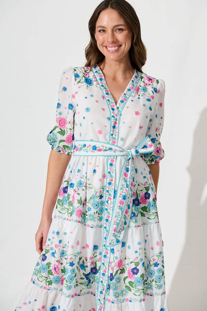 Pambula Maxi Dress In White With Pink And Blue Floral