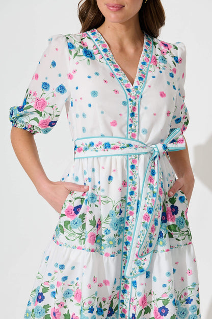 Pambula Maxi Dress In White With Pink And Blue Floral