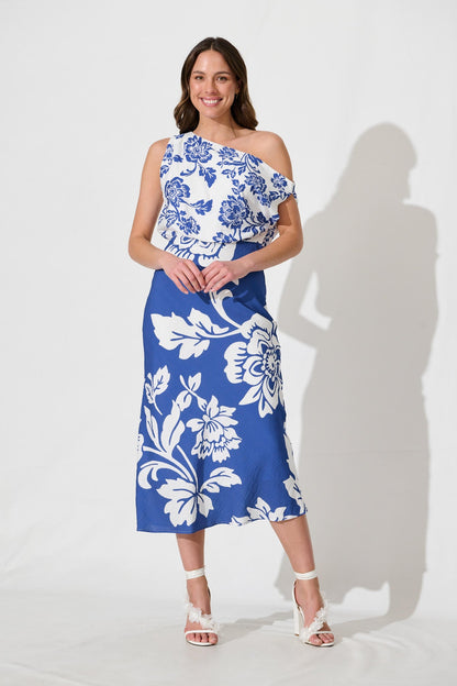 Georgiana Midi Dress in Blue with White Floral