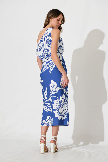 Georgiana Midi Dress in Blue with White Floral