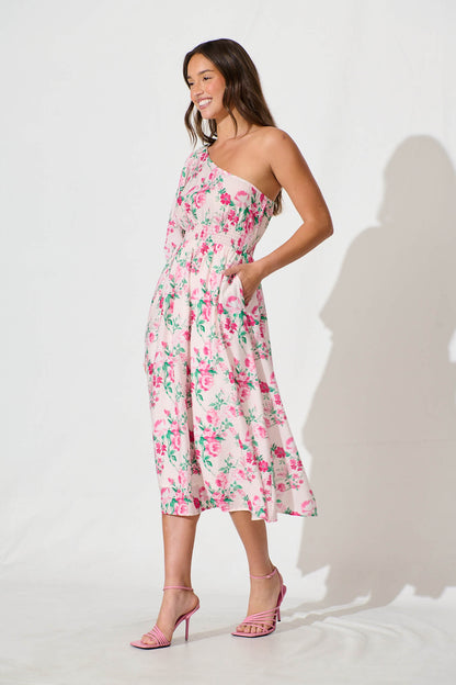 Esen Midi Dress in Pink and Green Floral Cotton Blend