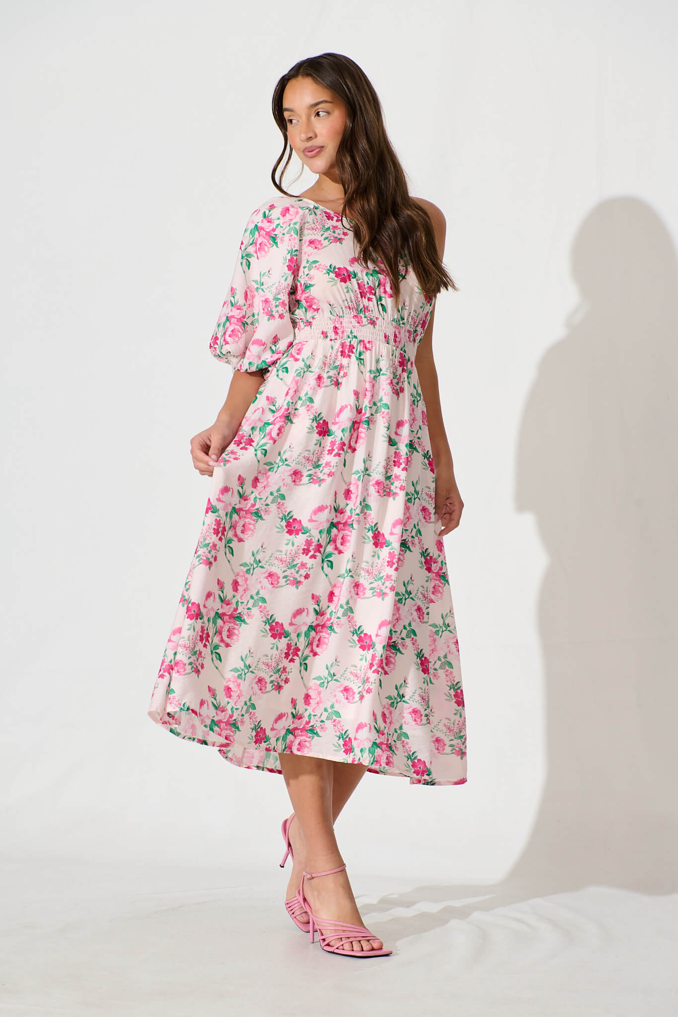 Esen Midi Dress in Pink and Green Floral Cotton Blend
