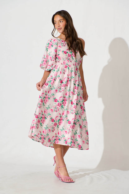 Esen Midi Dress in Pink and Green Floral Cotton Blend
