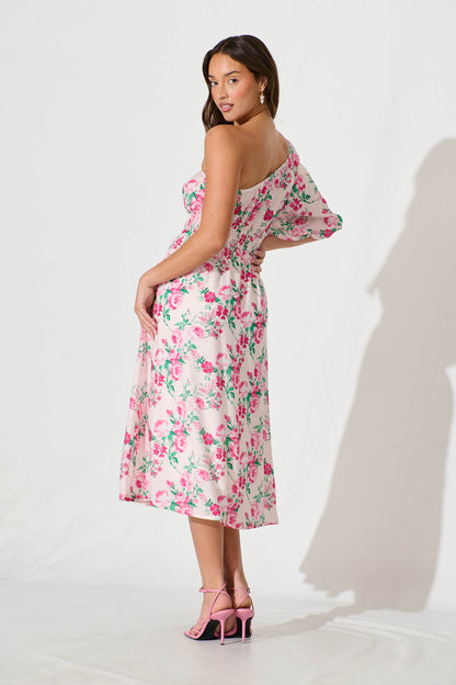 Esen Midi Dress in Pink and Green Floral Cotton Blend