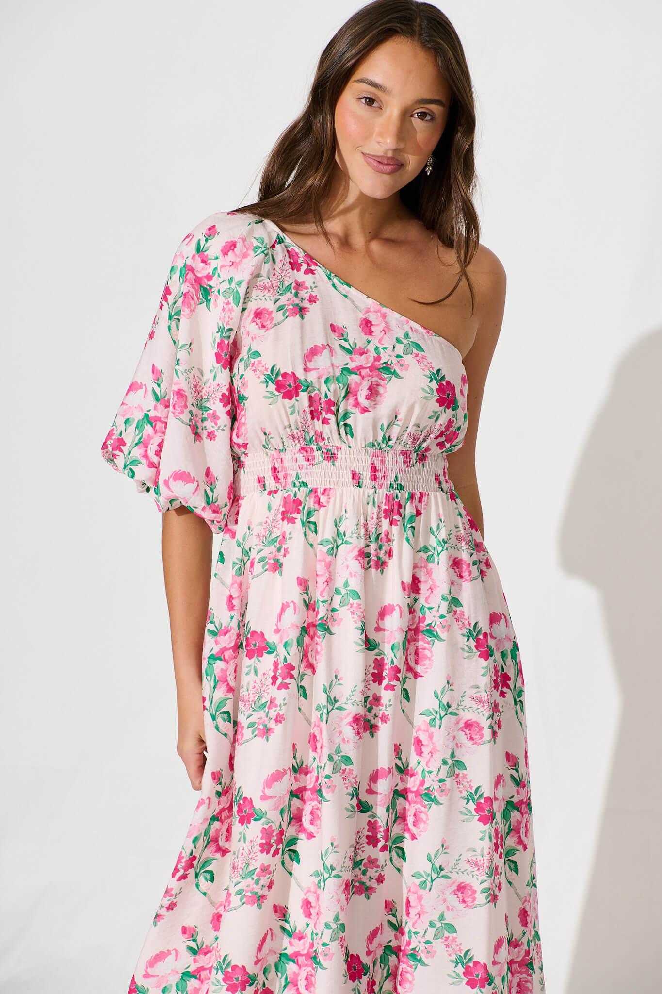 Esen Midi Dress in Pink and Green Floral Cotton Blend