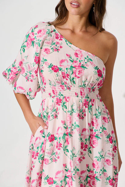 Esen Midi Dress in Pink and Green Floral Cotton Blend