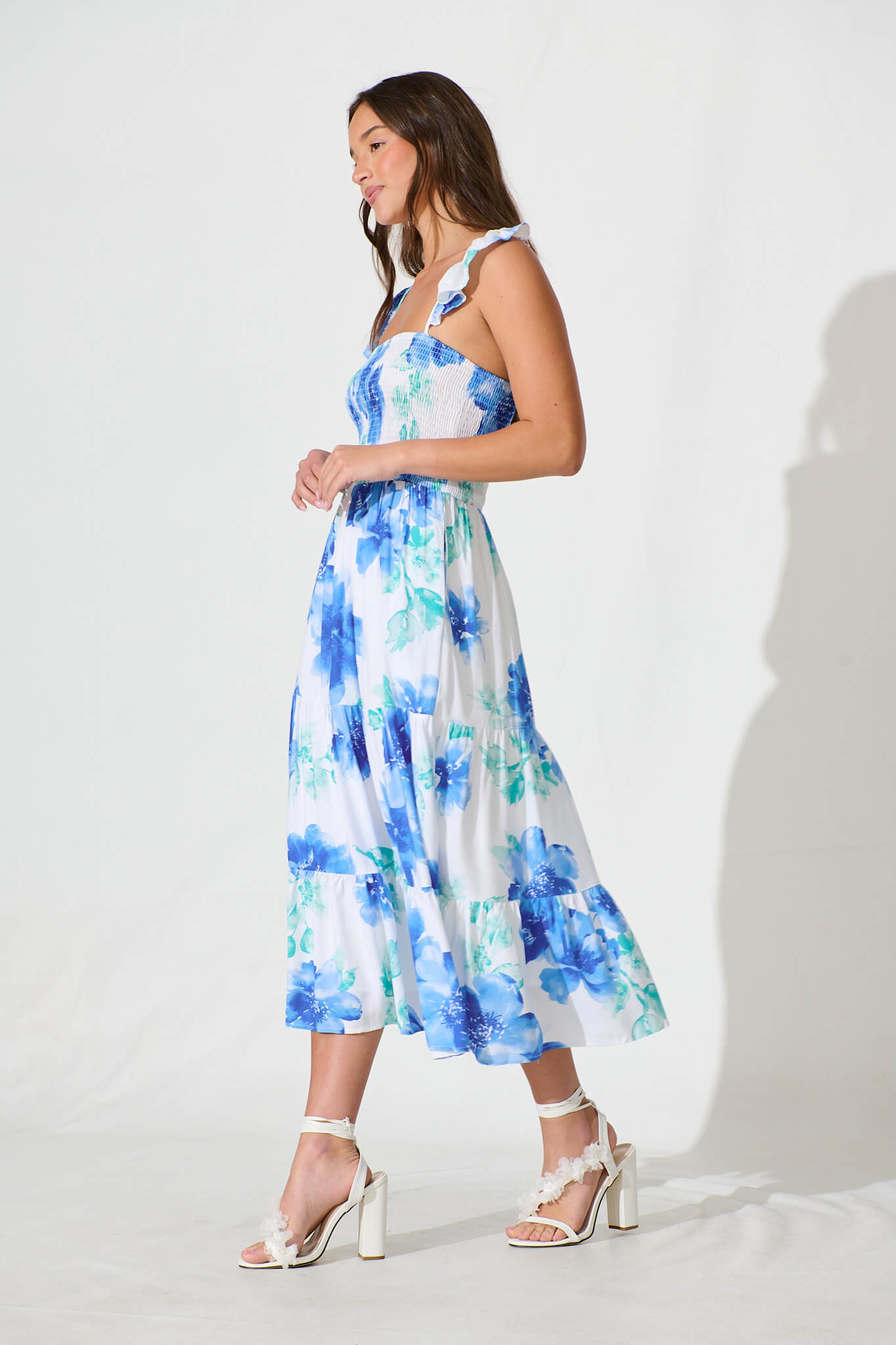 Rylee Midi Dress in White with Blue Floral Linen Blend