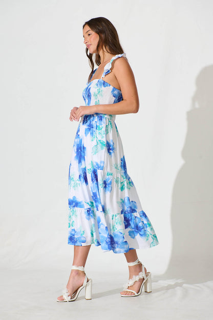 Rylee Midi Dress in White with Blue Floral Linen Blend