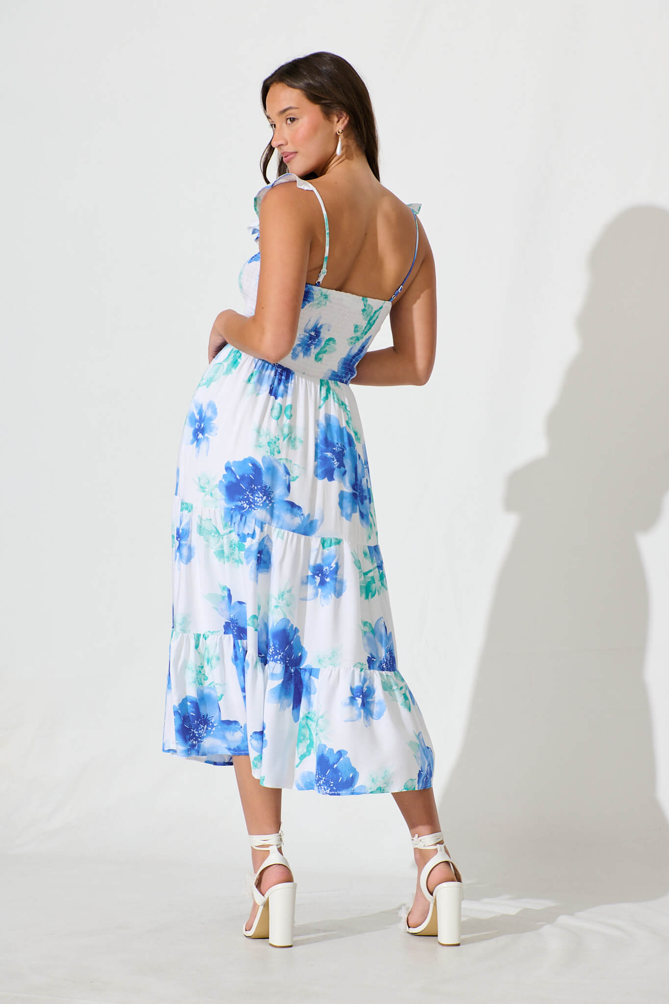 Rylee Midi Dress in White with Blue Floral Linen Blend