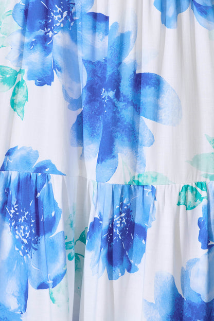 Rylee Midi Dress in White with Blue Floral Linen Blend
