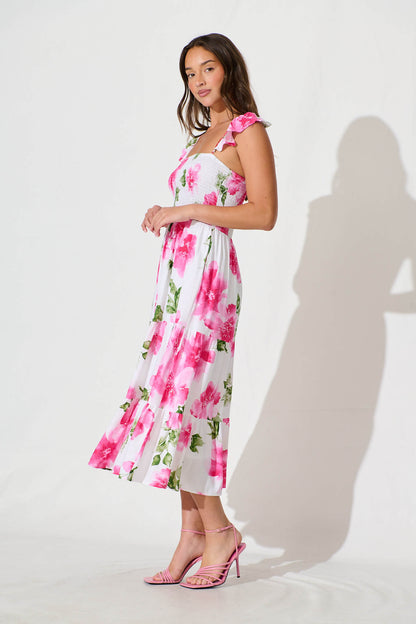 Rylee Midi Dress in White with Pink Floral Linen Blend