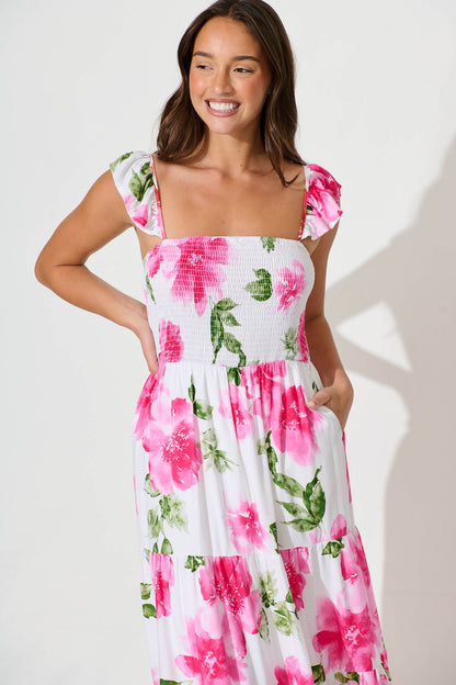 Rylee Midi Dress in White with Pink Floral Linen Blend