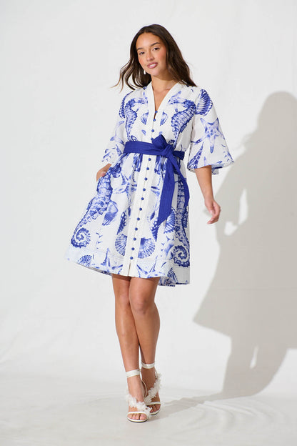 Tandie Midi Dress In White With Blue Print Linen Blend