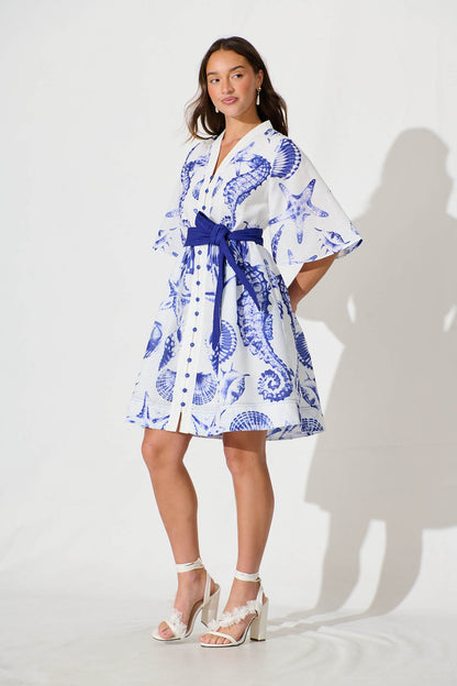 Tandie Midi Dress In White With Blue Print Linen Blend