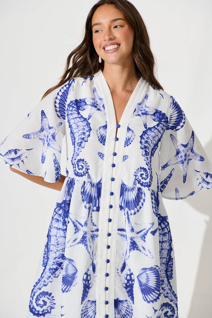 Tandie Midi Dress In White With Blue Print Linen Blend